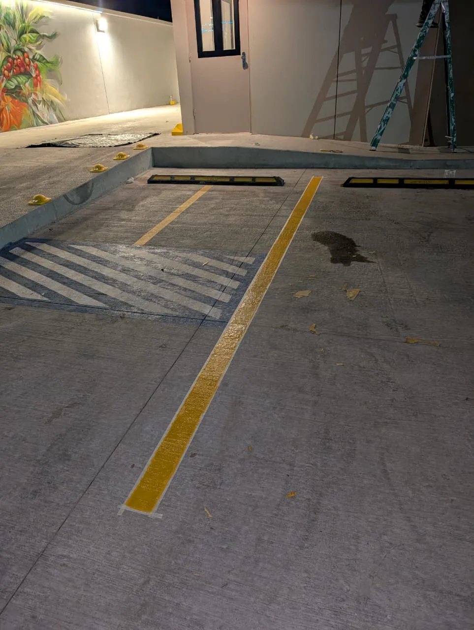 Pintura vial amarilla con topes en acceso comercial